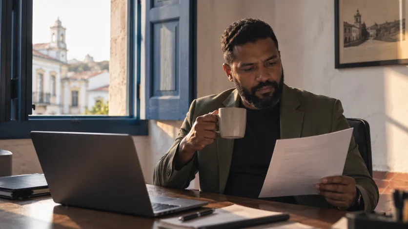 Sócio lendo o relatório do escritório no começo da manhã