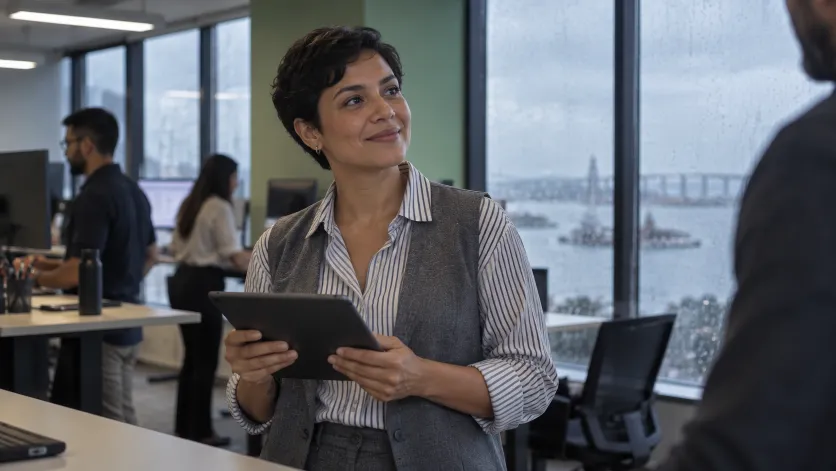 Coordenadora conferindo os números do mês num tablet
