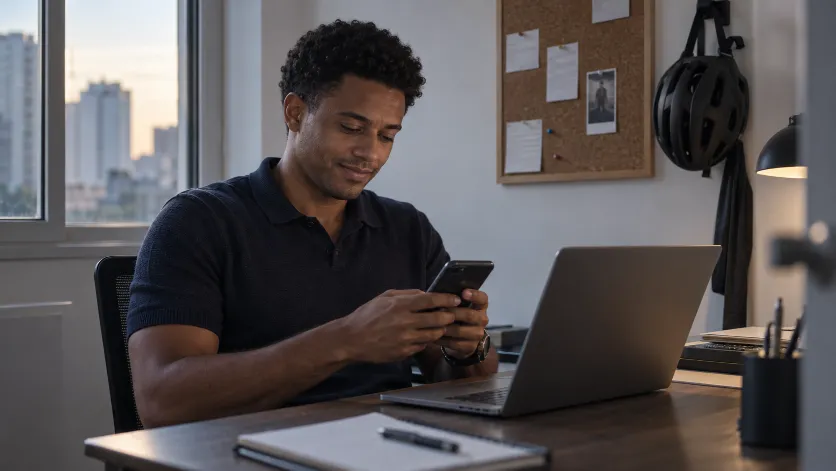 Advogada em casa respondendo uma mensagem no celular