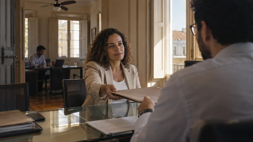 Cliente entregando uma pasta de documentos na mesa do escritório