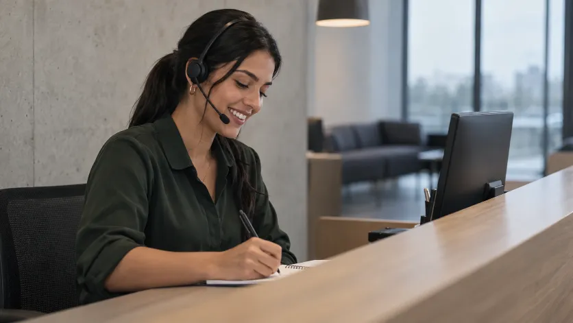 Assistente de recepção com headset anotando o atendimento