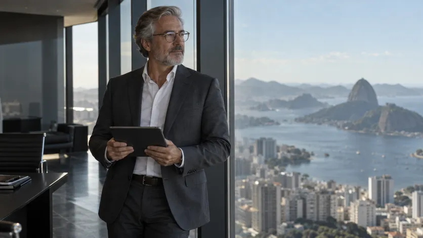 Sócio do escritório revisando o quadro de negócios num tablet
