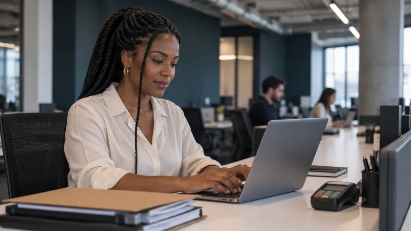 Mesa de coworking com uma maquininha de cartão ao lado do notebook
