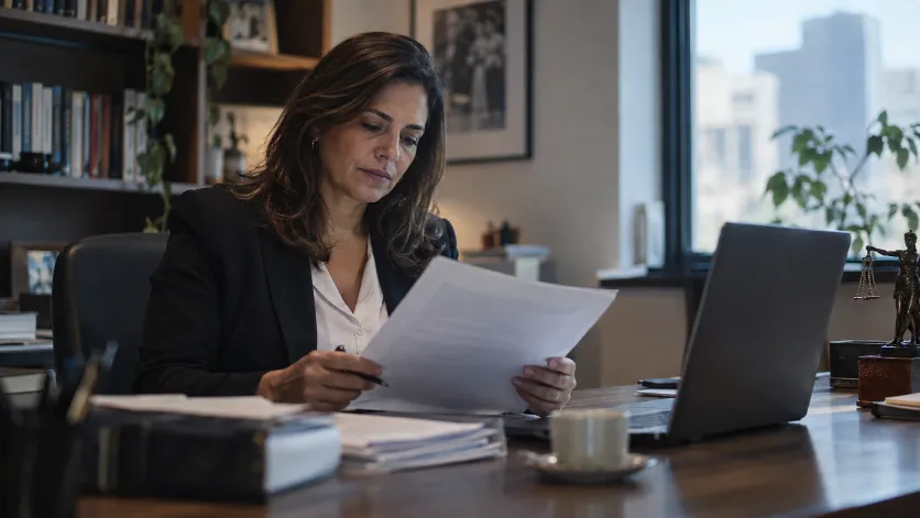 Advogada lendo uma intimação impressa na mesa do escritório