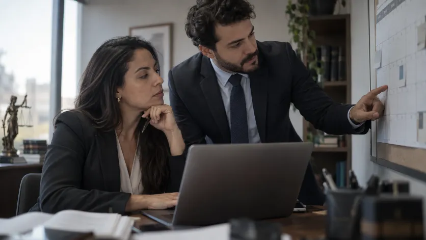Dois colegas planejando a semana no calendário da parede