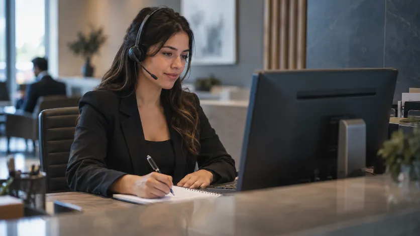 Assistente de recepção com headset anotando o atendimento